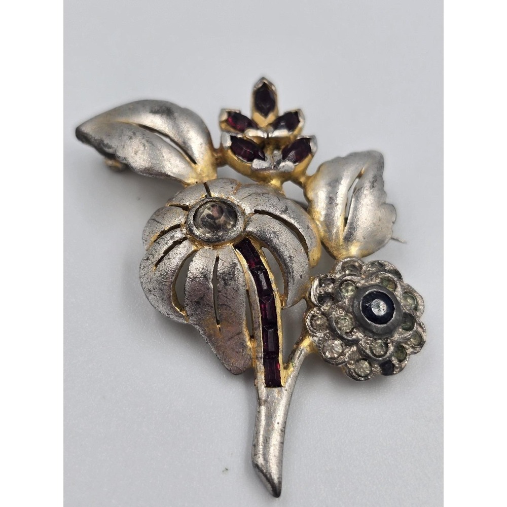 Ciner Early Floral Brooch Pin Silver Tone Gold Wash Red & Blue Rhinestones
